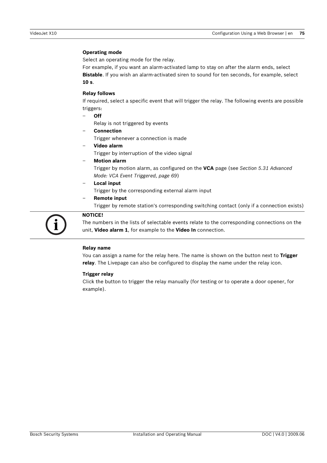 Bosch Appliances X10 Operating mode, s Relay follows, Off, Connection, Video alarm, Motion alarm, Local input, Relay name 