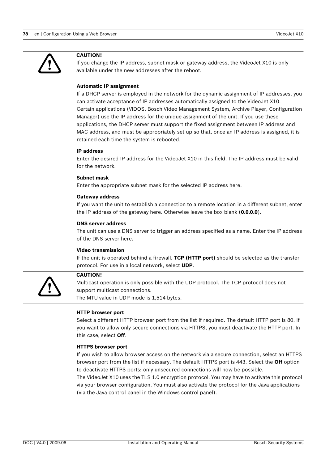 Bosch Appliances X10 manual Automatic IP assignment, DNS server address, Http browser port, Https browser port 