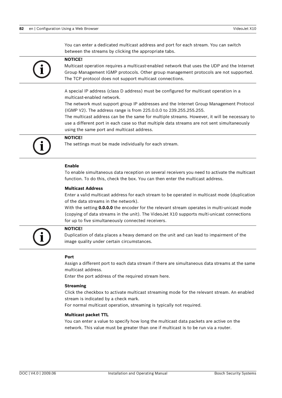 Bosch Appliances X10 manual Settings must be made individually for each stream, Enable, Multicast Address, Port, Streaming 