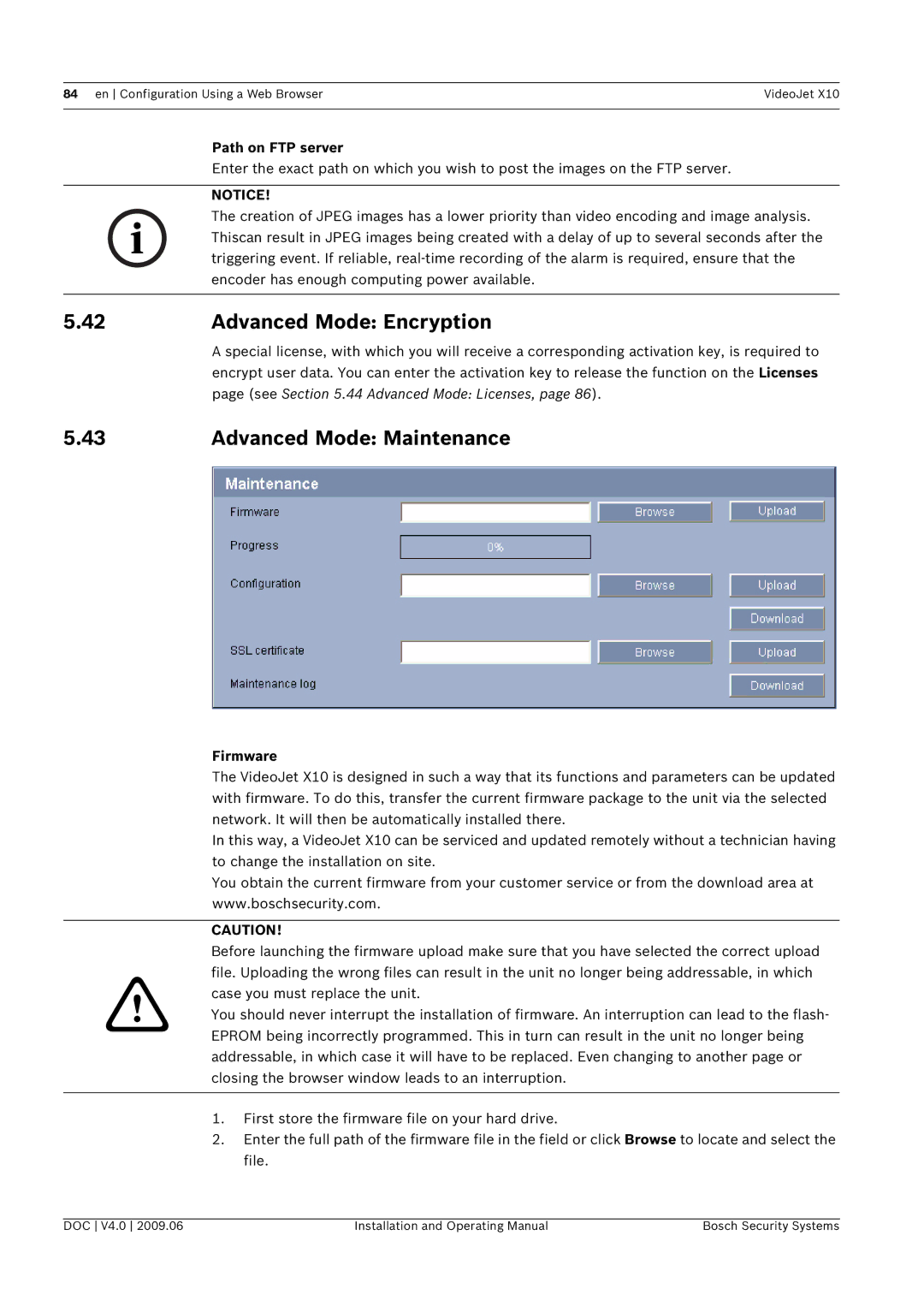 Bosch Appliances X10 manual Advanced Mode Encryption, Advanced Mode Maintenance, Path on FTP server, Firmware 