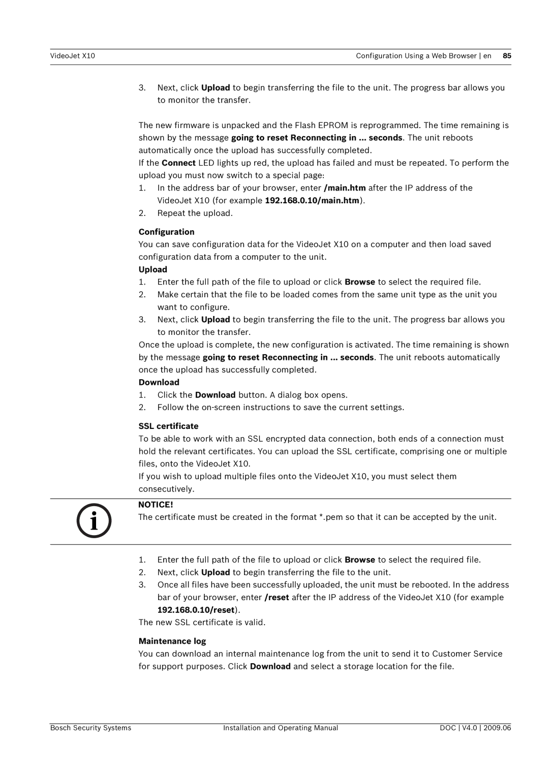 Bosch Appliances X10 manual Configuration, Upload, Download, SSL certificate, 192.168.0.10/reset, Maintenance log 