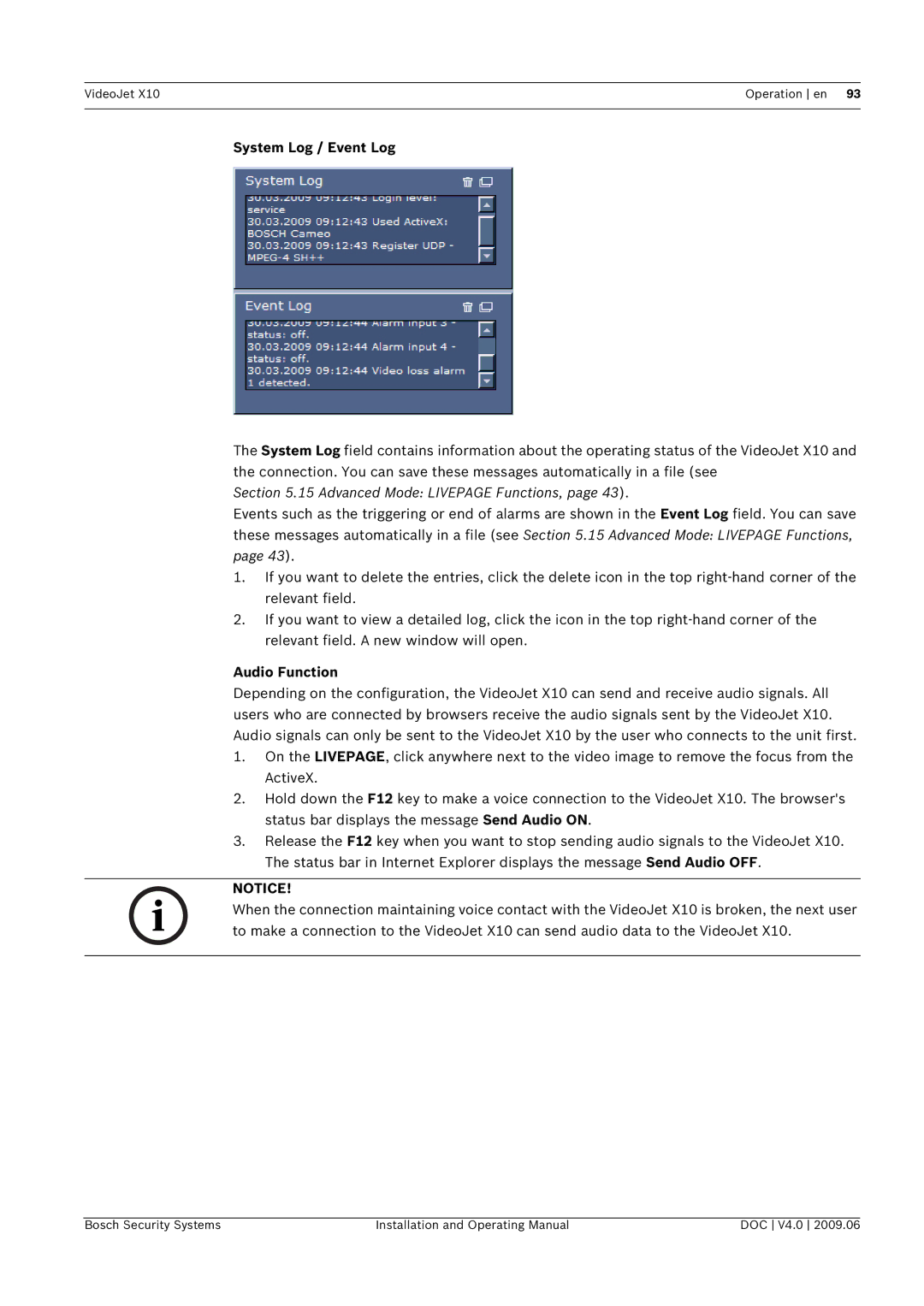 Bosch Appliances X10 manual System Log / Event Log, Audio Function 