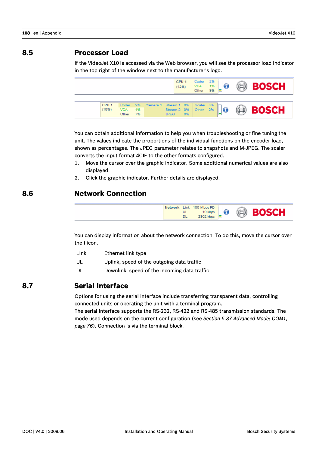 Bosch Appliances X10 manual 8.5Processor Load, Network Connection, 8.7Serial Interface 