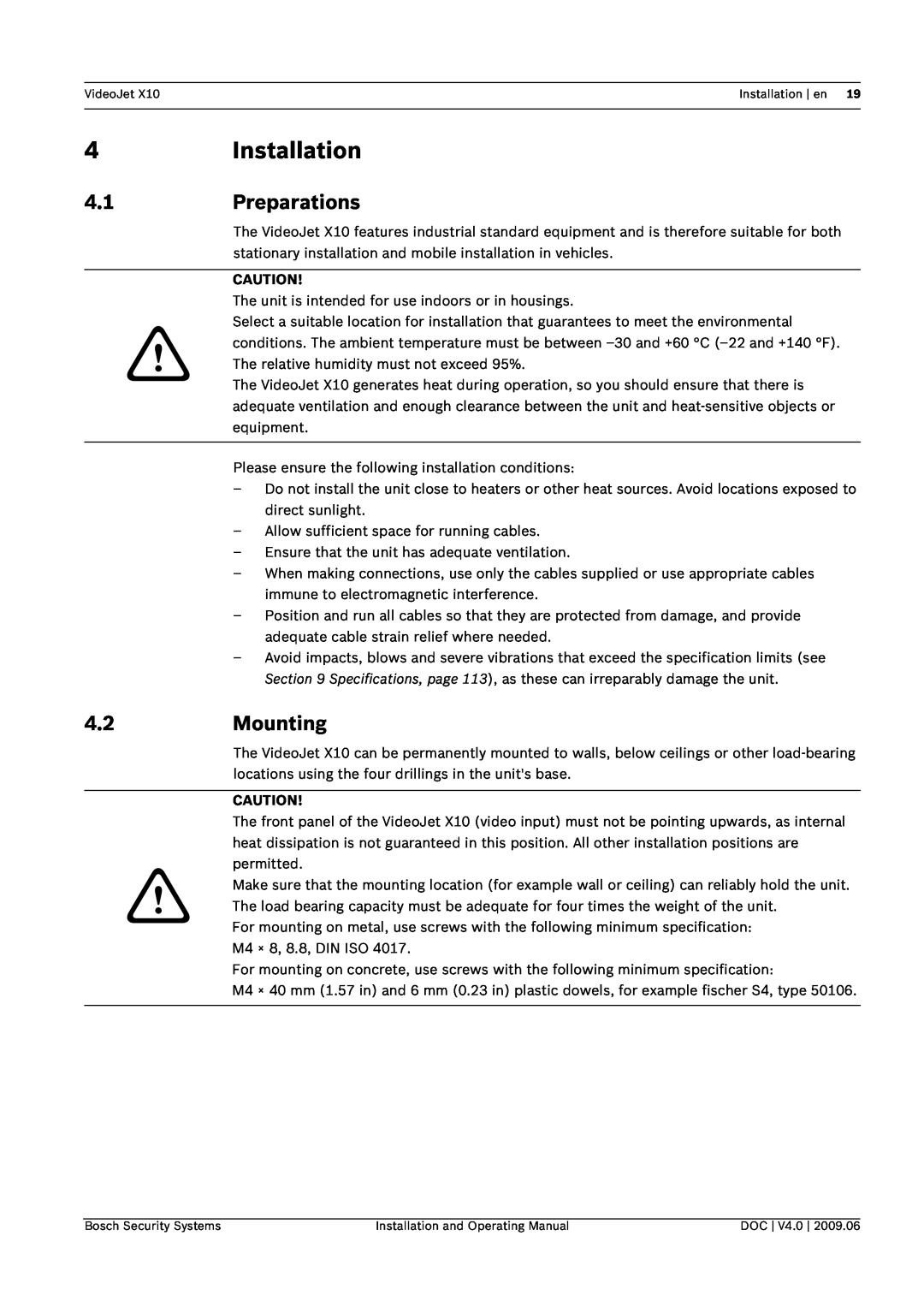Bosch Appliances X10 manual 4Installation, 4.1Preparations, 4.2Mounting 