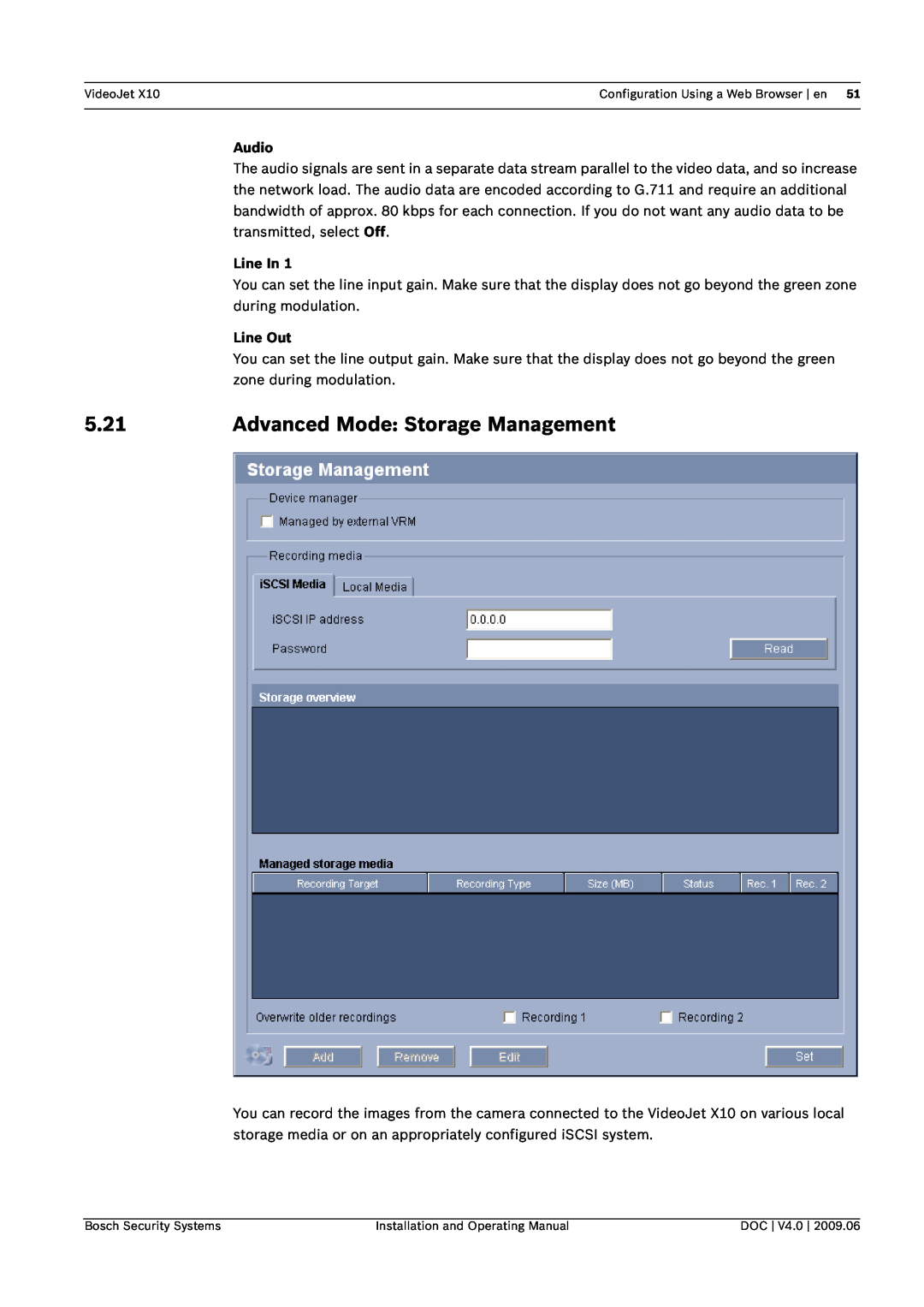Bosch Appliances X10 manual 5.21, Advanced Mode Storage Management, Audio, Line In, Line Out 