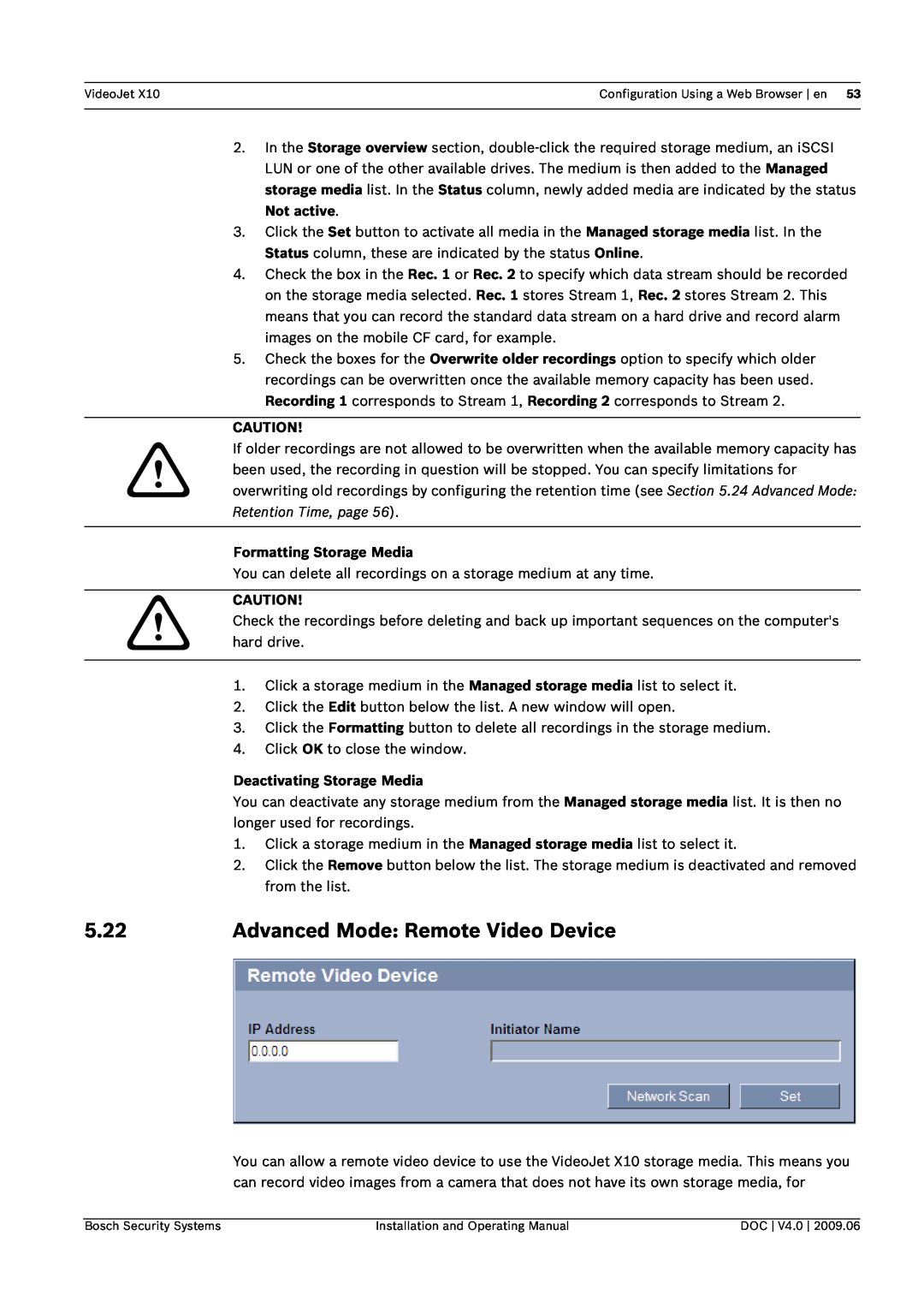 Bosch Appliances X10 manual 5.22, Advanced Mode Remote Video Device, Formatting Storage Media, Deactivating Storage Media 