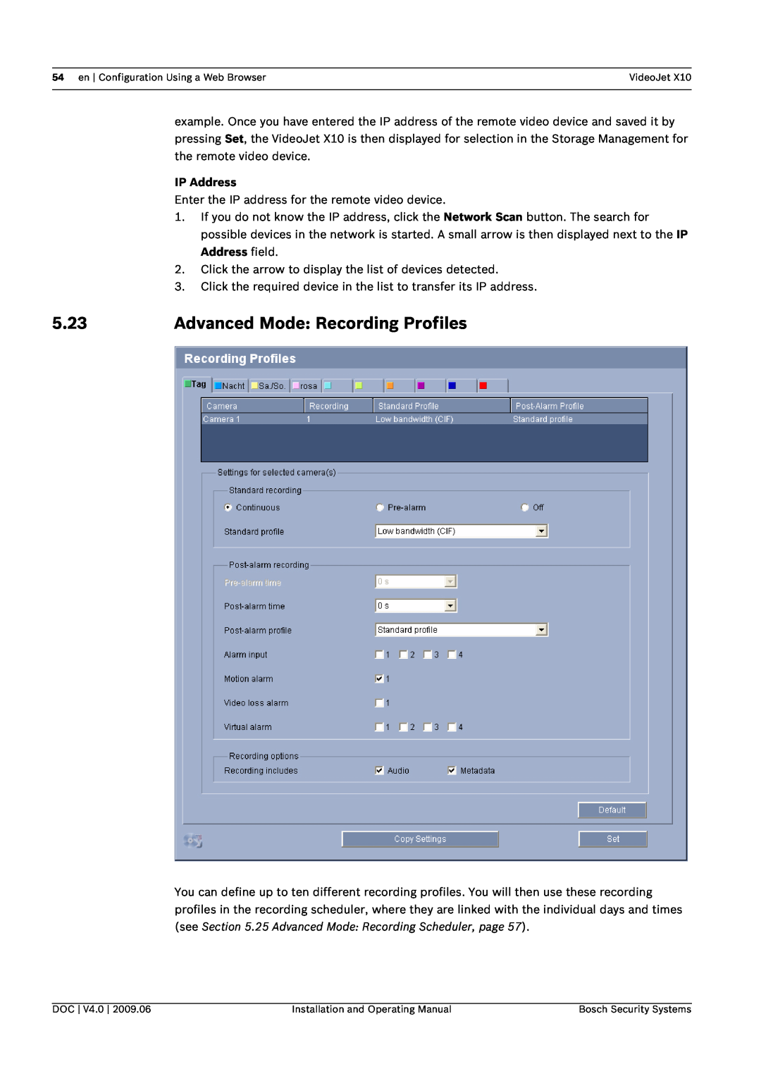 Bosch Appliances X10 manual 5.23, Advanced Mode Recording Profiles, IP Address 