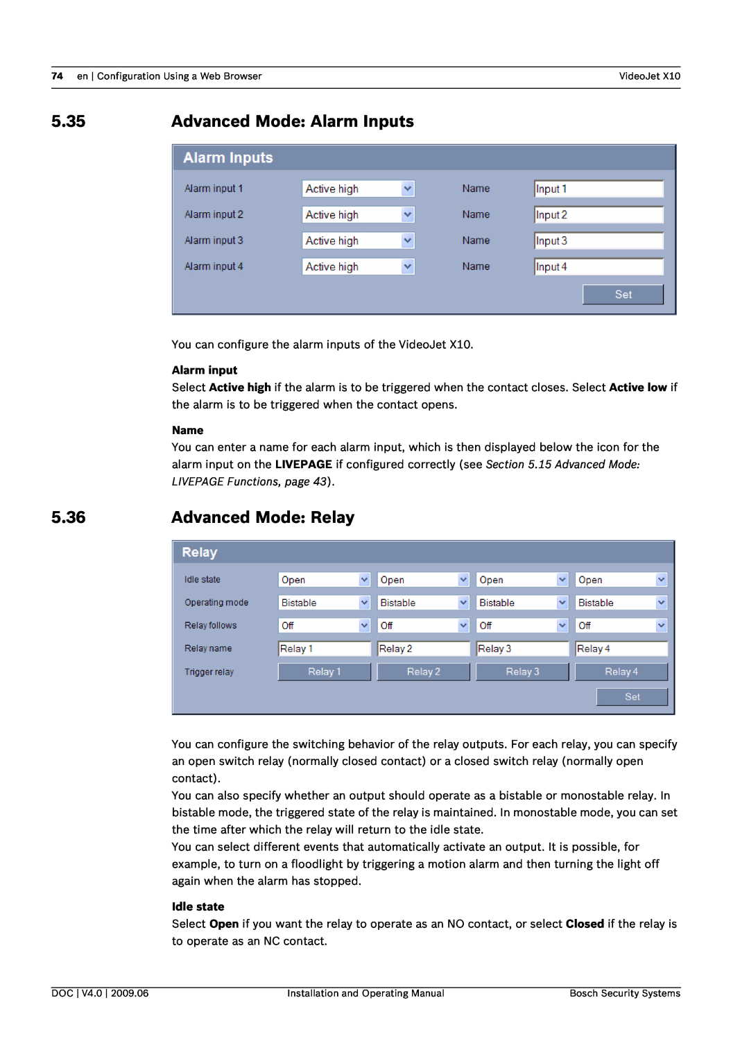 Bosch Appliances X10 manual 5.35, Advanced Mode Alarm Inputs, 5.36, Advanced Mode Relay, Alarm input, Idle state, Name 
