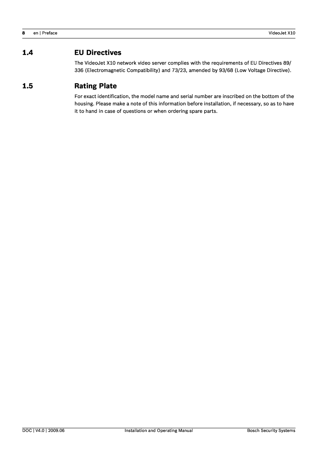 Bosch Appliances X10 manual EU Directives, Rating Plate 