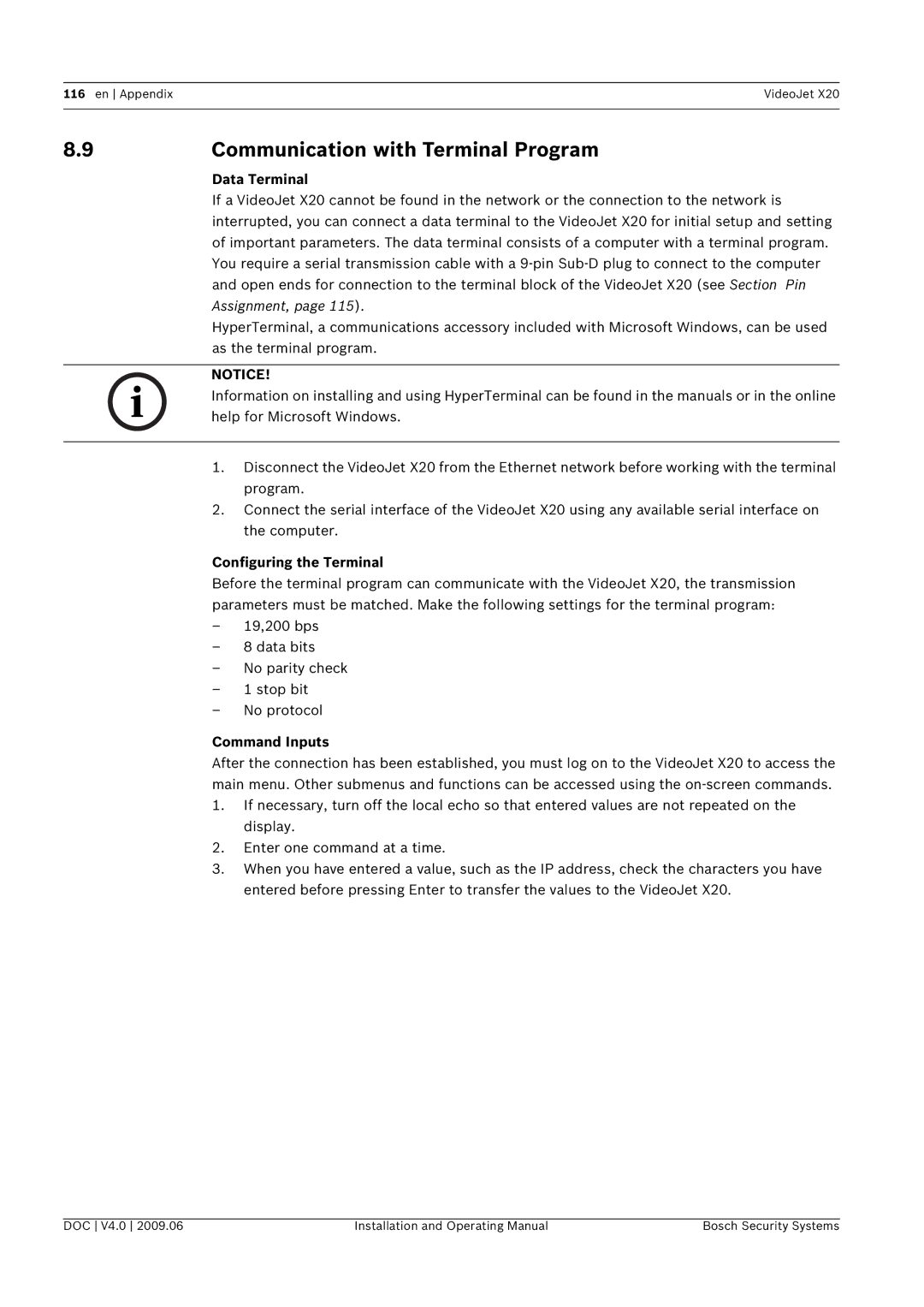 Bosch Appliances X20 manual Communication with Terminal Program, Data Terminal, Configuring the Terminal, Command Inputs 