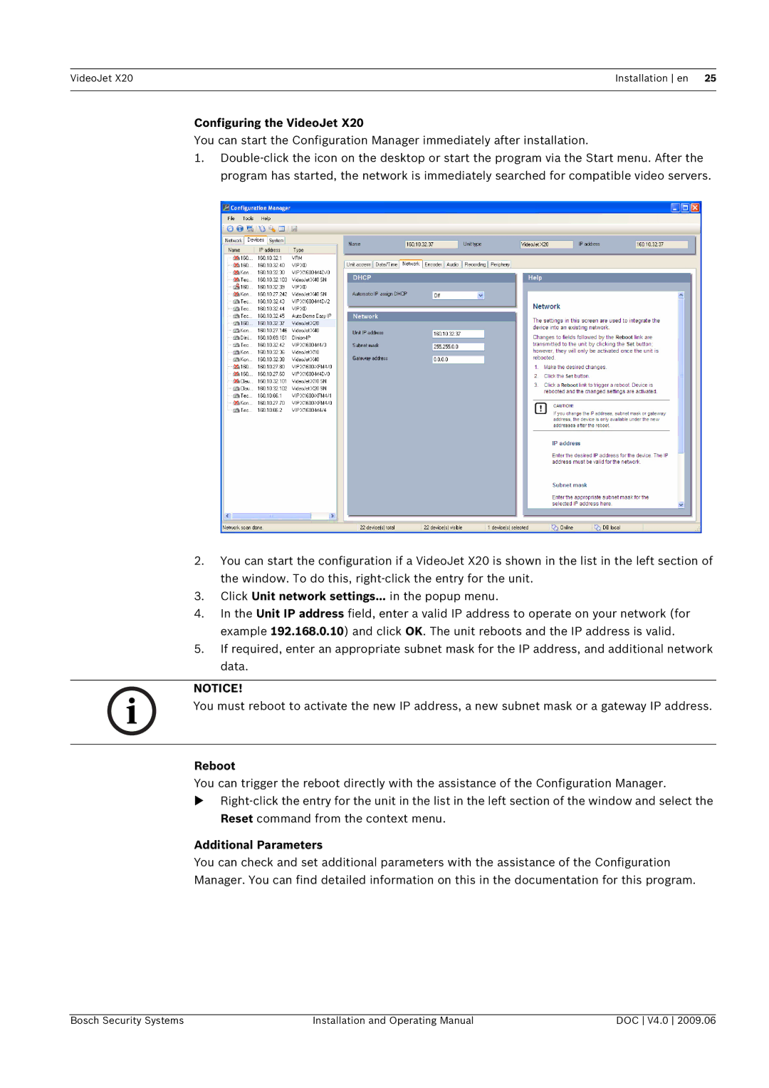 Bosch Appliances X20 manual Configuring the VideoJet, Click Unit network settings... in the popup menu, Reboot 