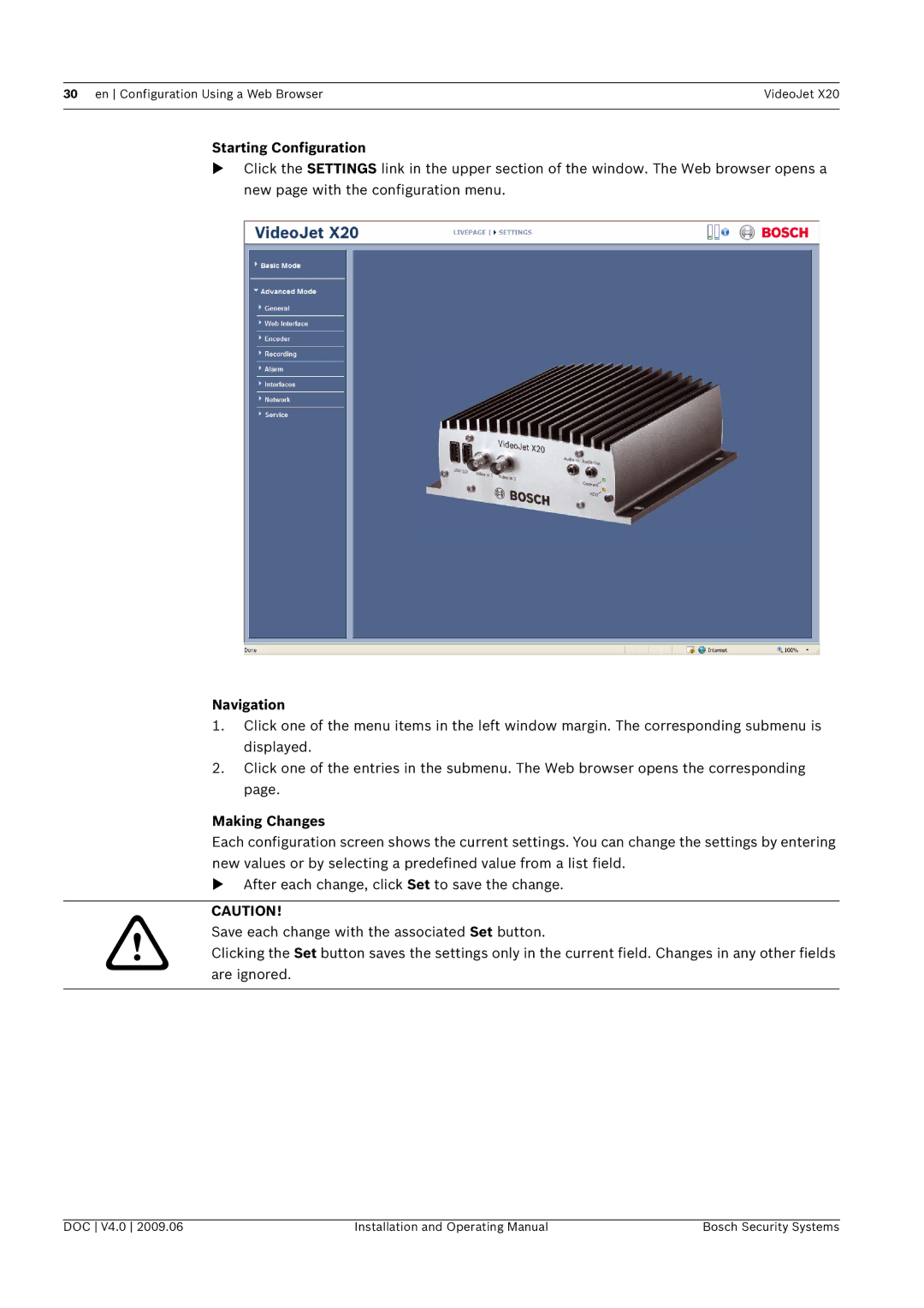 Bosch Appliances X20 manual Starting Configuration, Navigation, Making Changes 