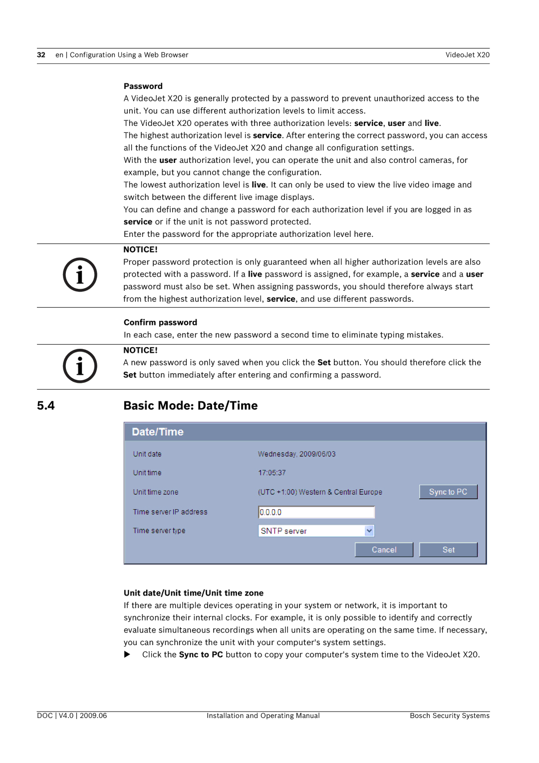 Bosch Appliances X20 manual Basic Mode Date/Time, Password, Confirm password, Unit date/Unit time/Unit time zone 