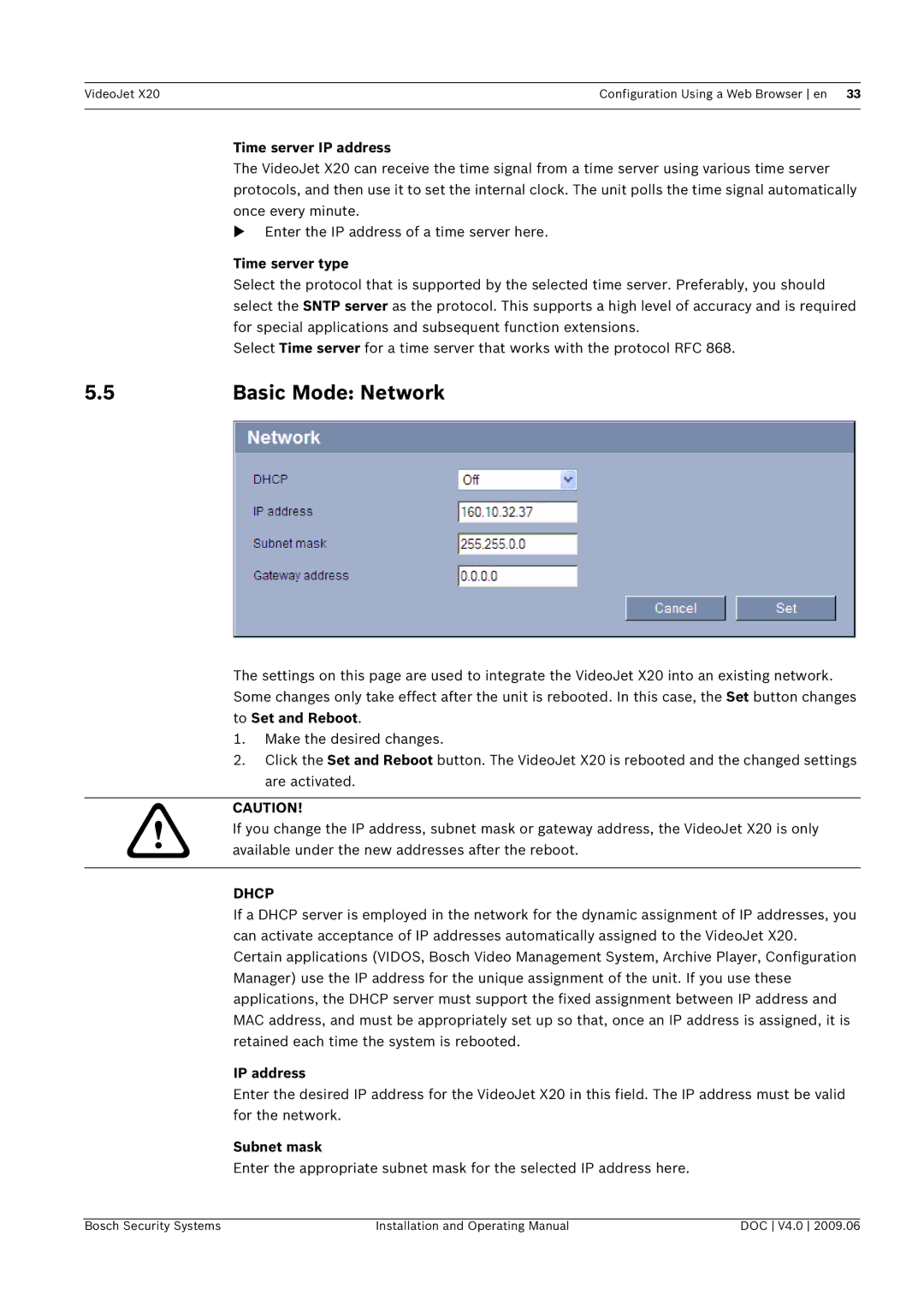 Bosch Appliances X20 manual Basic Mode Network, Time server IP address, Time server type, Subnet mask 