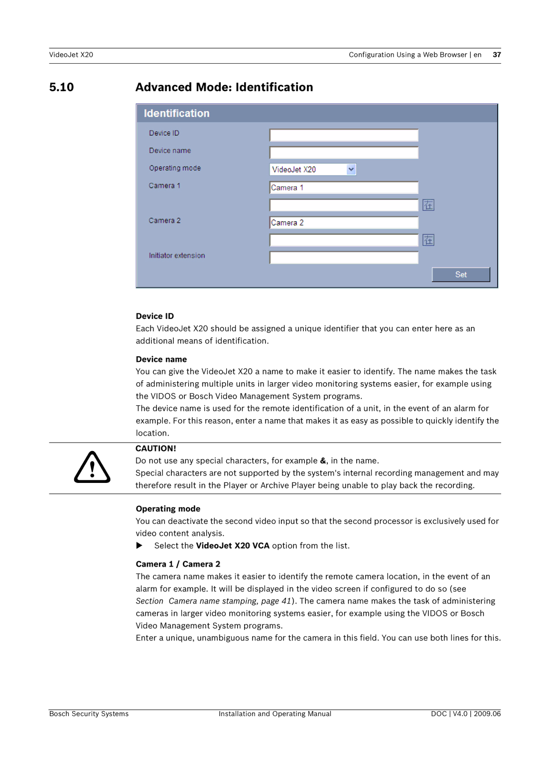 Bosch Appliances X20 manual Advanced Mode Identification, Device ID, Operating mode 