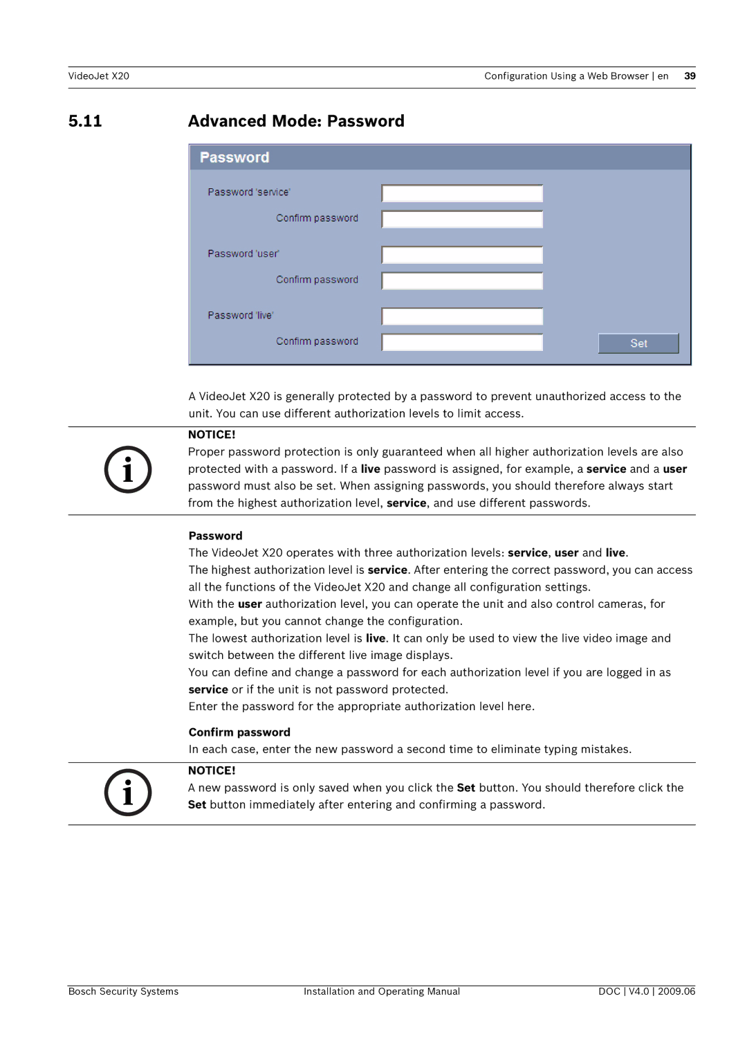 Bosch Appliances X20 manual Advanced Mode Password 