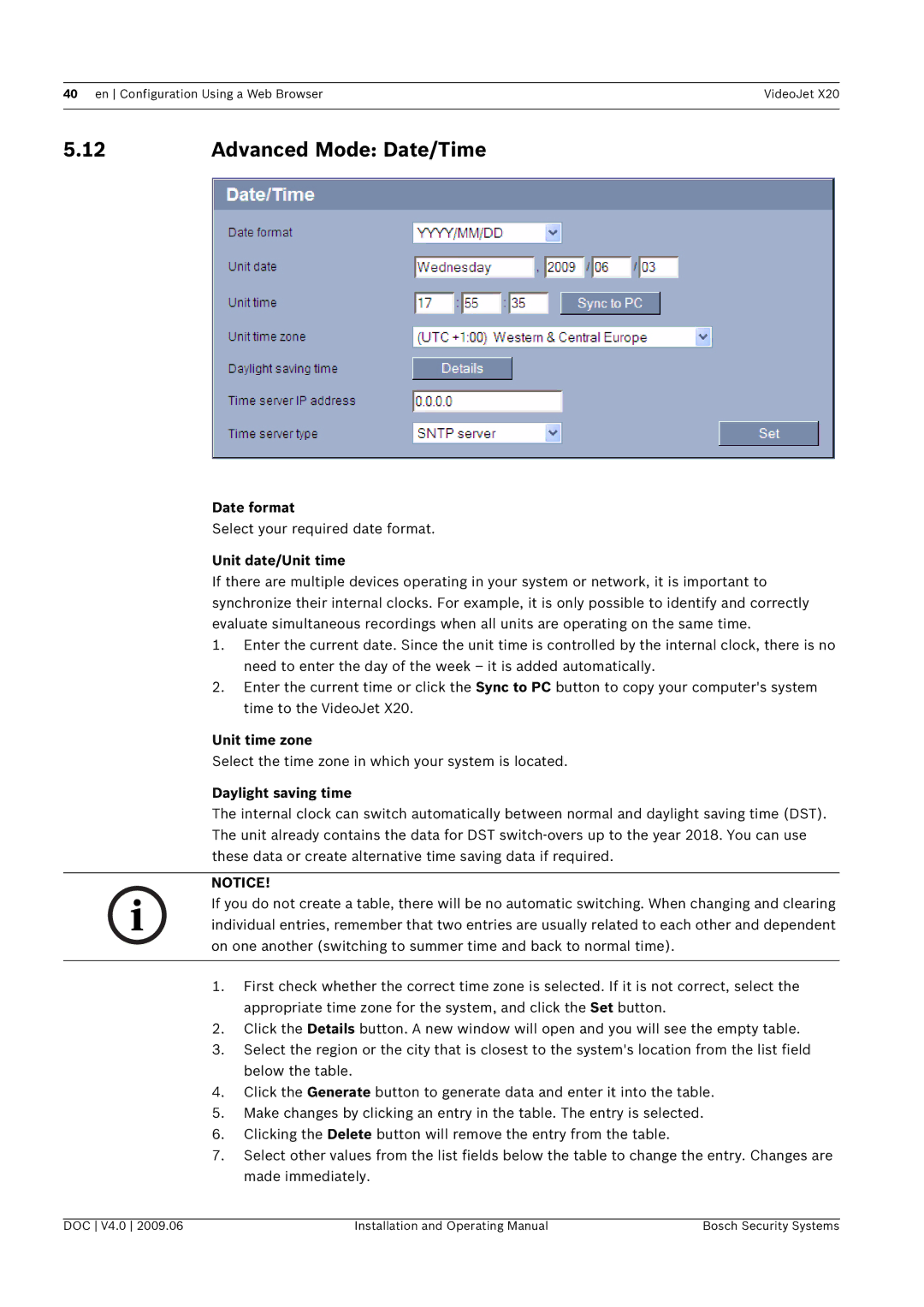 Bosch Appliances X20 manual Advanced Mode Date/Time, Date format, Unit date/Unit time, Unit time zone, Daylight saving time 