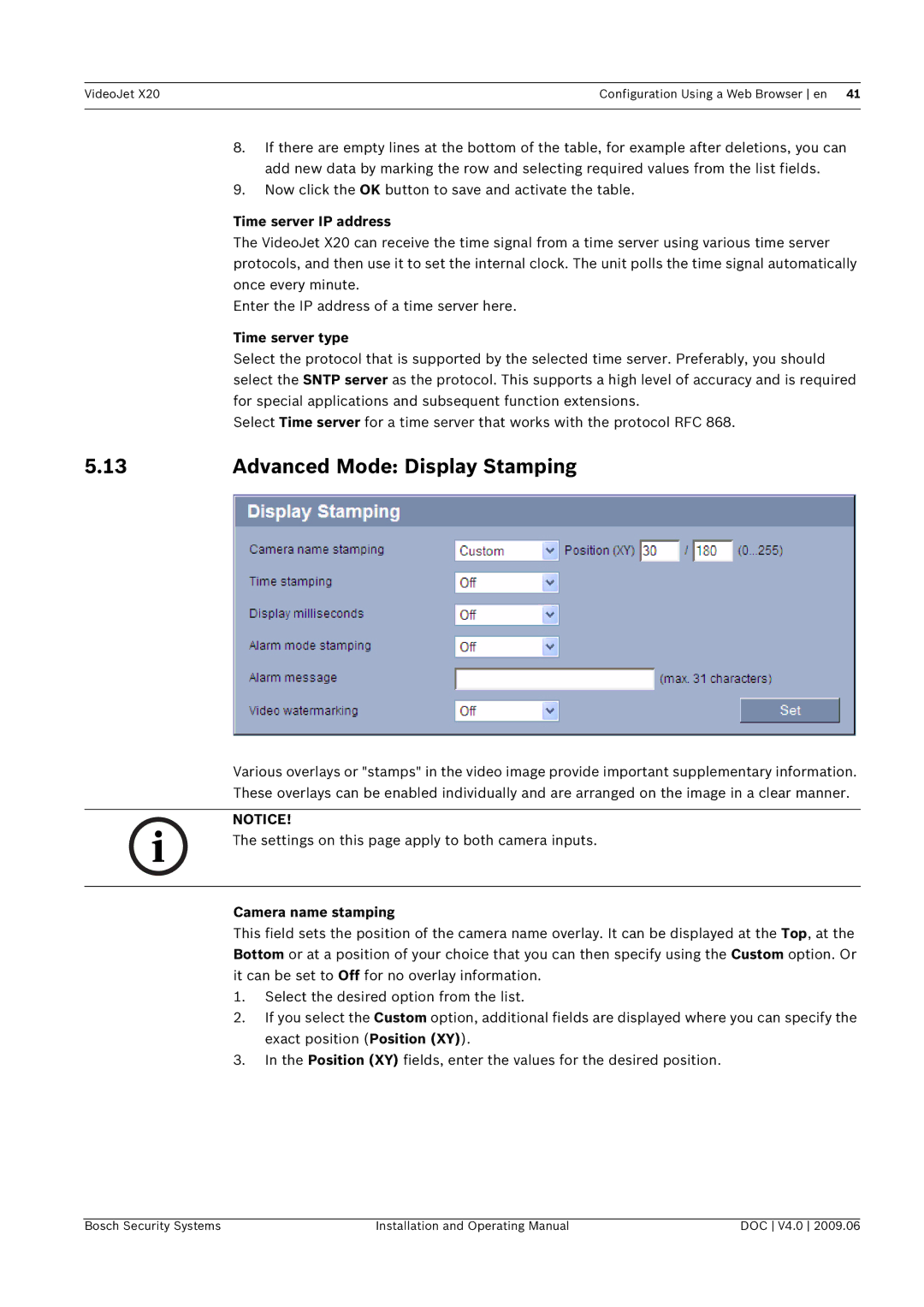 Bosch Appliances X20 manual Advanced Mode Display Stamping, Settings on this page apply to both camera inputs 