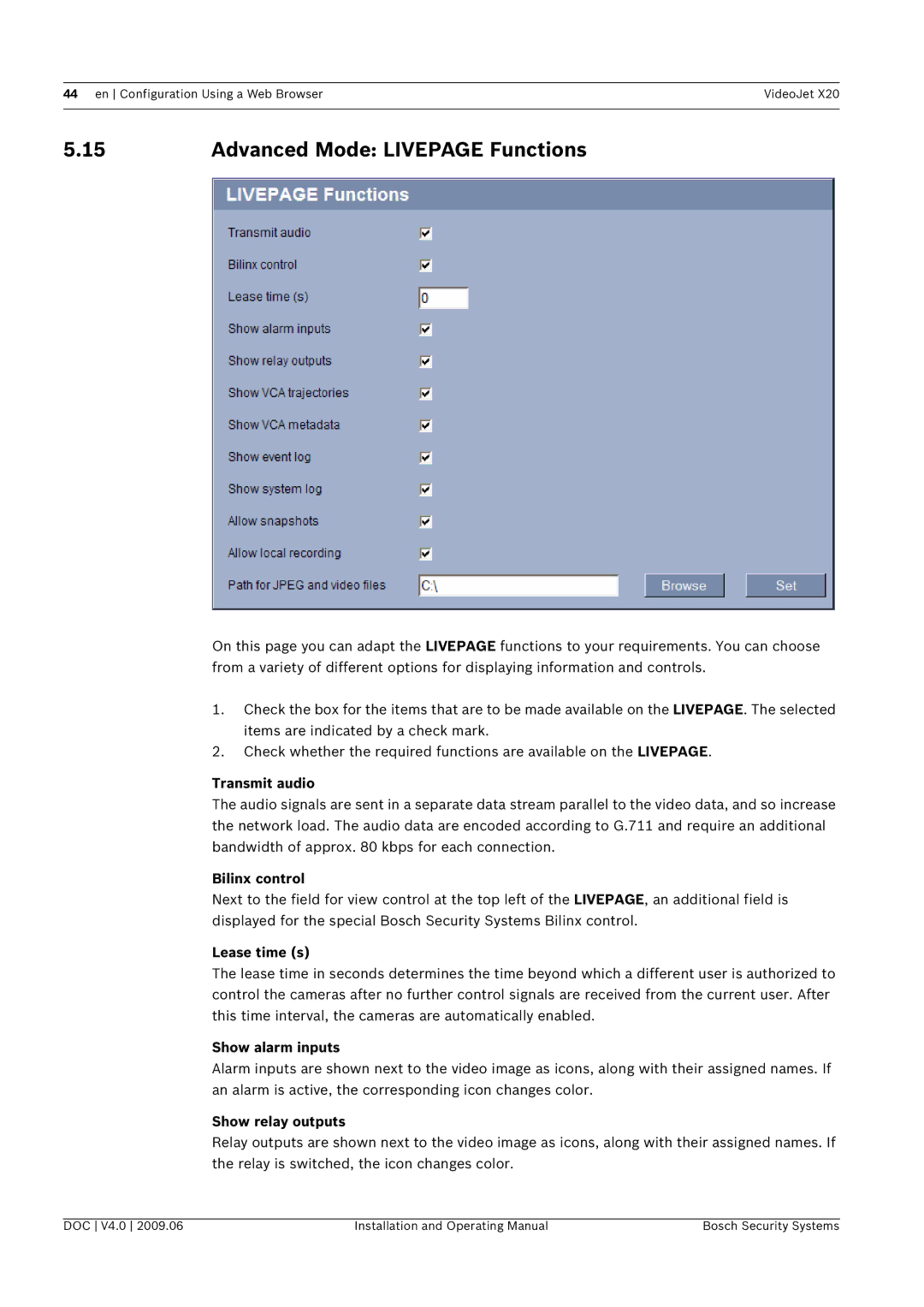 Bosch Appliances X20 manual Advanced Mode Livepage Functions 