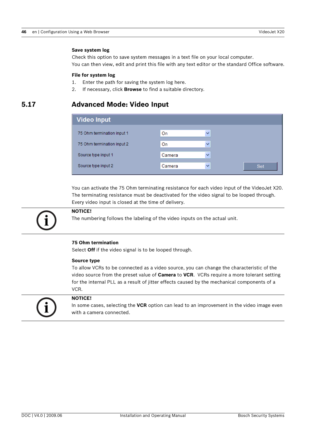 Bosch Appliances X20 manual Advanced Mode Video Input, Save system log, File for system log, Ohm termination, Source type 