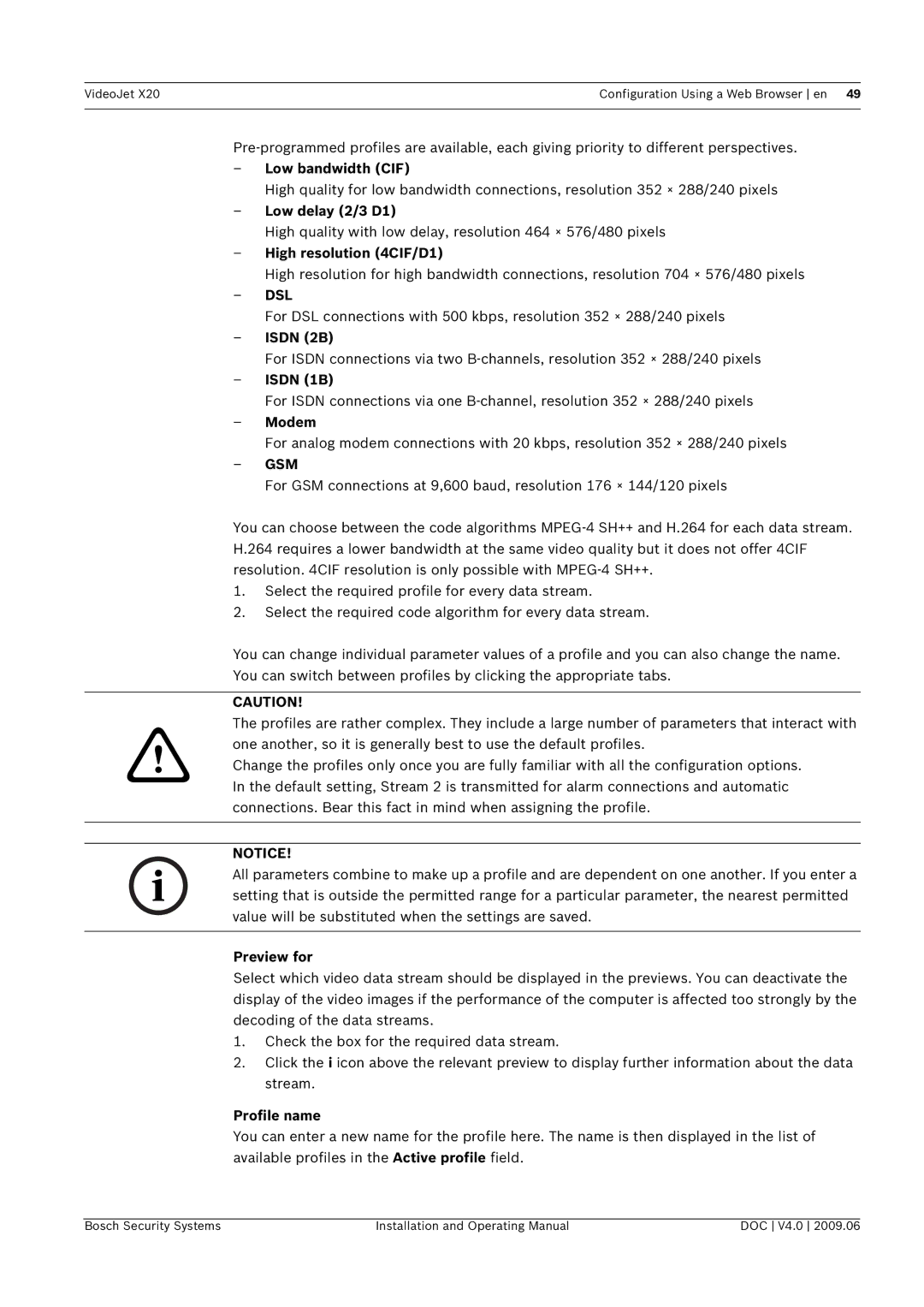 Bosch Appliances X20 manual Preview for, Profile name 