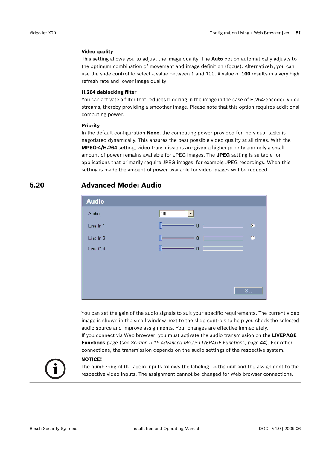 Bosch Appliances X20 manual Advanced Mode Audio, Video quality, Deblocking filter, Priority 