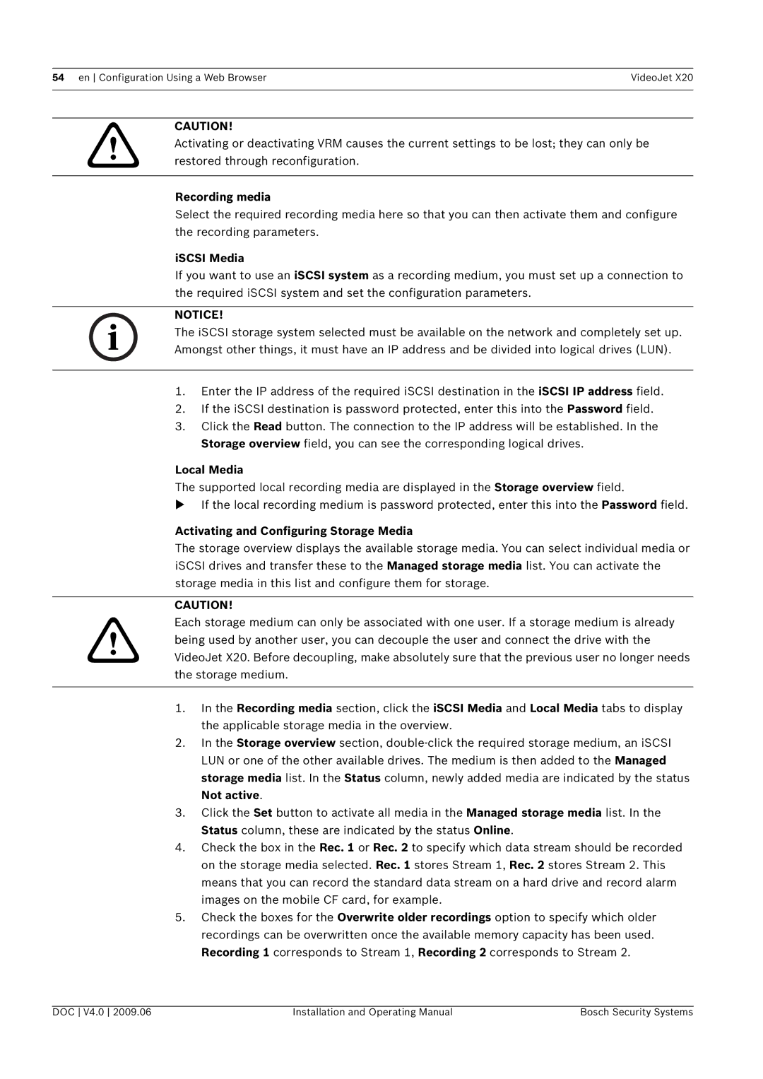 Bosch Appliances X20 manual Recording media, ISCSI Media, Local Media, Activating and Configuring Storage Media, Not active 