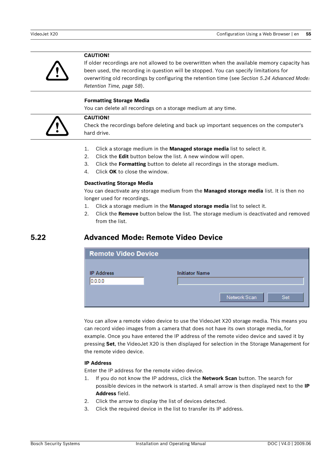 Bosch Appliances X20 manual Advanced Mode Remote Video Device, Formatting Storage Media, Deactivating Storage Media 