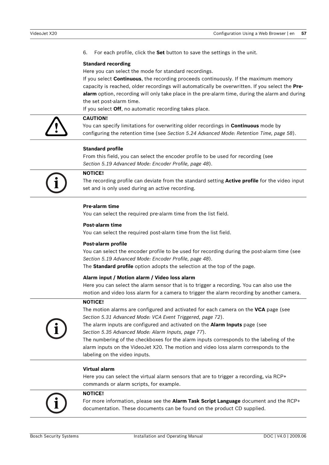 Bosch Appliances X20 manual Standard recording, Standard profile, Pre-alarm time, Post-alarm time, Post-alarm profile 