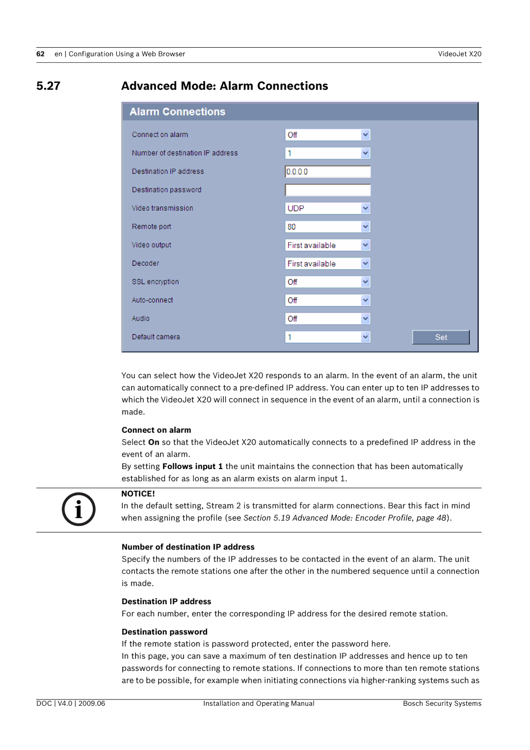 Bosch Appliances X20 manual Advanced Mode Alarm Connections, Connect on alarm, Number of destination IP address 