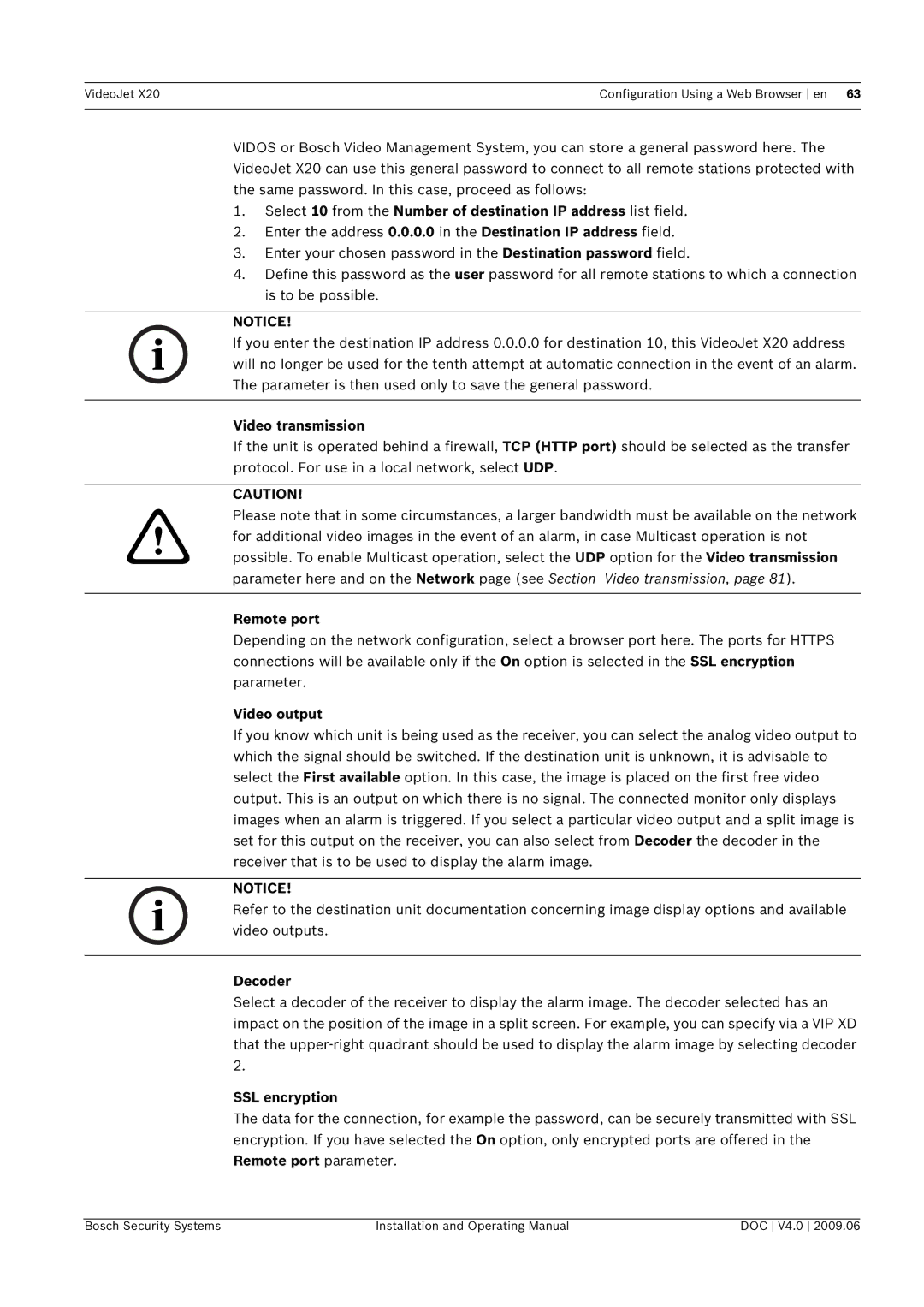 Bosch Appliances X20 manual Video transmission, Remote port, Video output, Decoder, SSL encryption 
