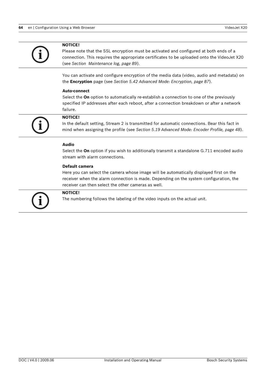 Bosch Appliances X20 manual Auto-connect, Default camera 