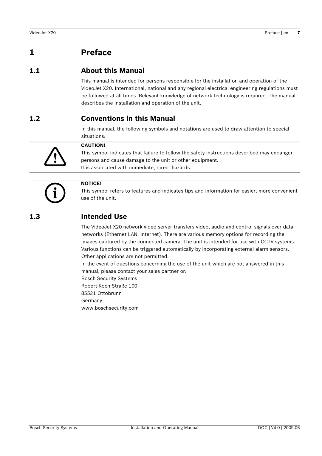 Bosch Appliances X20 manual Preface, About this Manual, Conventions in this Manual, Intended Use 