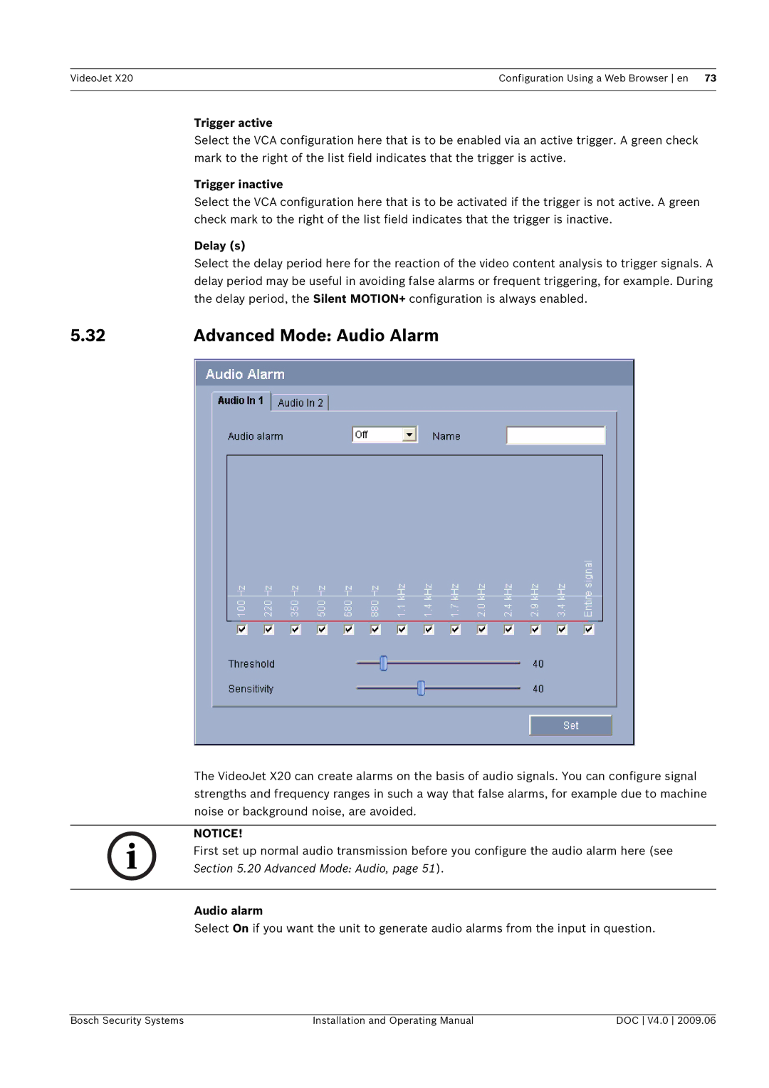 Bosch Appliances X20 manual Advanced Mode Audio Alarm, Trigger active, Trigger inactive, Delay s, Audio alarm 