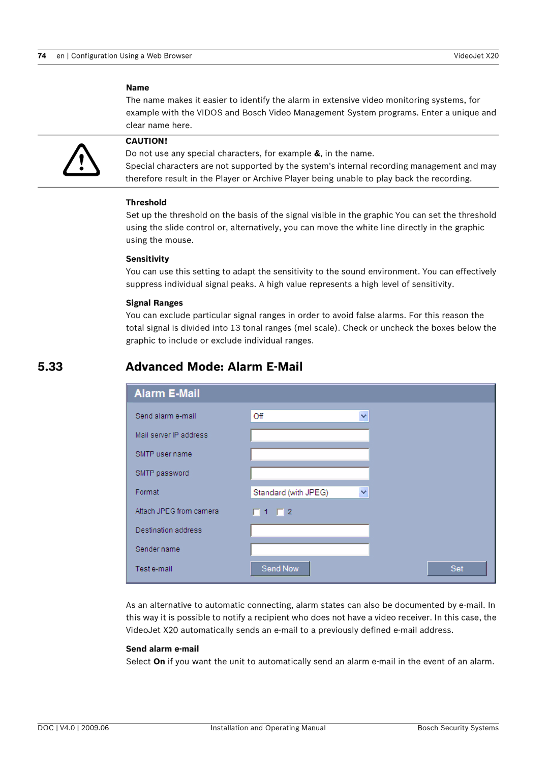 Bosch Appliances X20 manual Advanced Mode Alarm E-Mail, Name, Threshold, Signal Ranges, Send alarm e-mail 