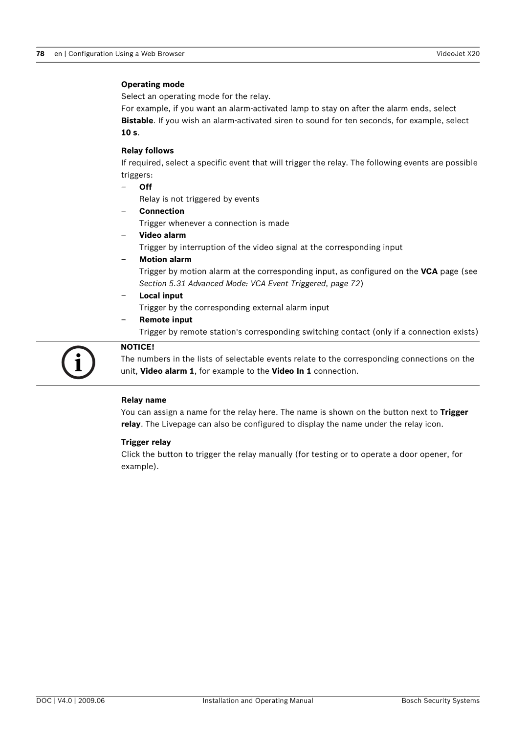 Bosch Appliances X20 s Relay follows, Off, Connection, Video alarm, Motion alarm, Local input, Remote input, Relay name 