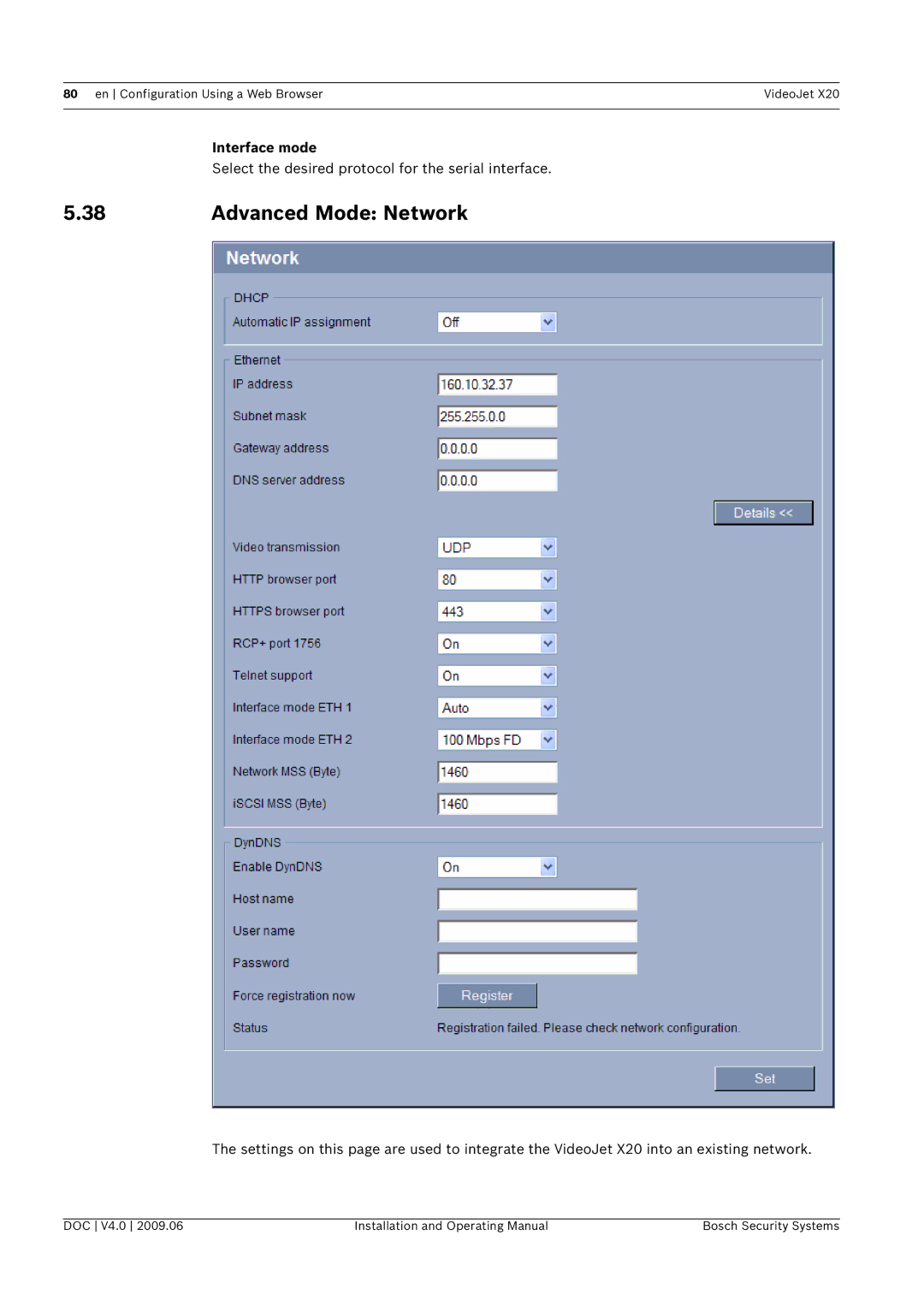 Bosch Appliances X20 manual Advanced Mode Network, Interface mode 