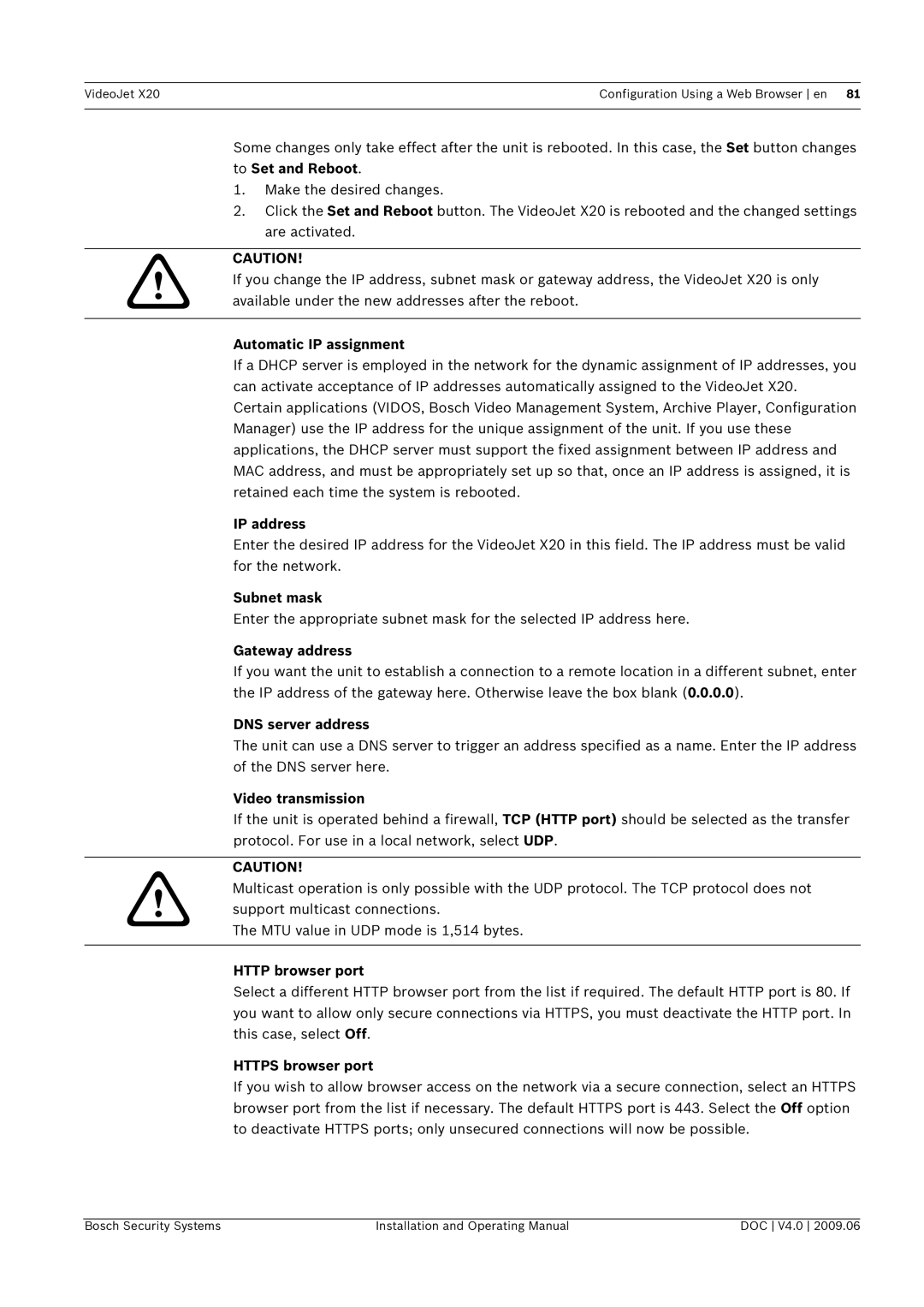 Bosch Appliances X20 manual Automatic IP assignment, DNS server address, Http browser port, Https browser port 