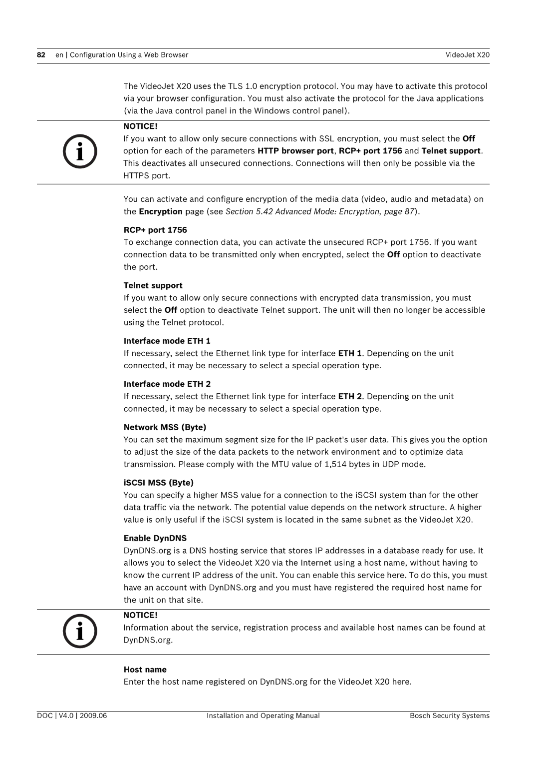 Bosch Appliances X20 manual RCP+ port, Telnet support, Interface mode ETH, Network MSS Byte, ISCSI MSS Byte, Enable DynDNS 