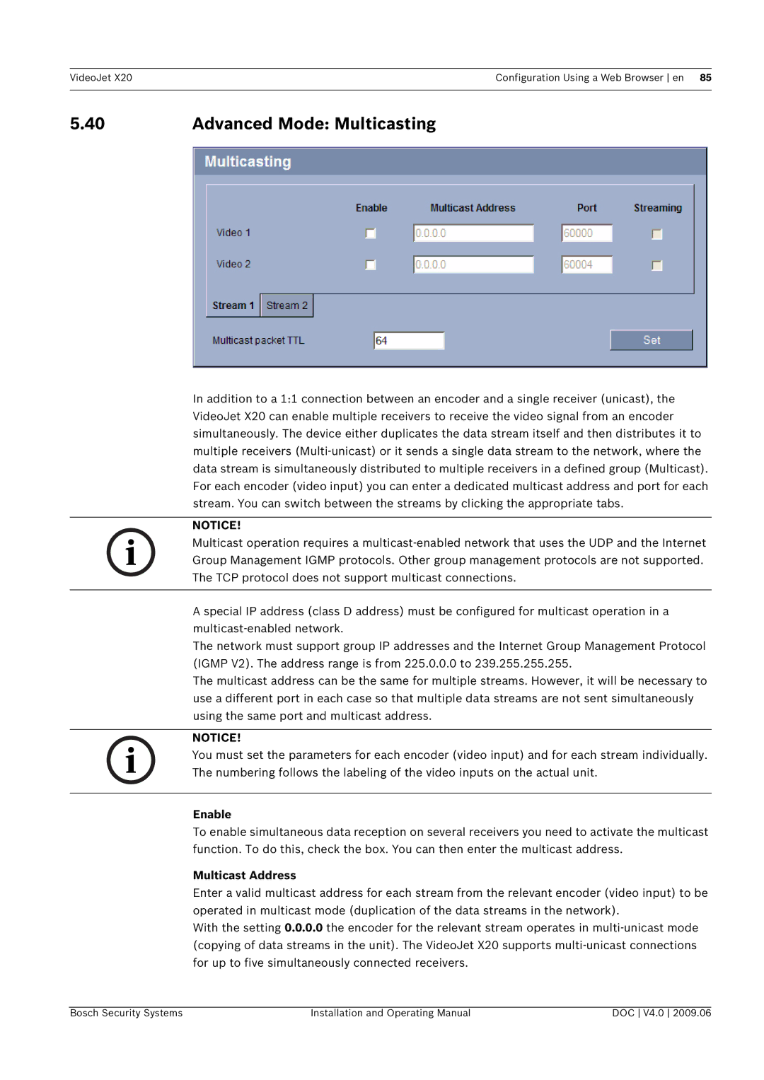 Bosch Appliances X20 manual Advanced Mode Multicasting, Enable, Multicast Address 