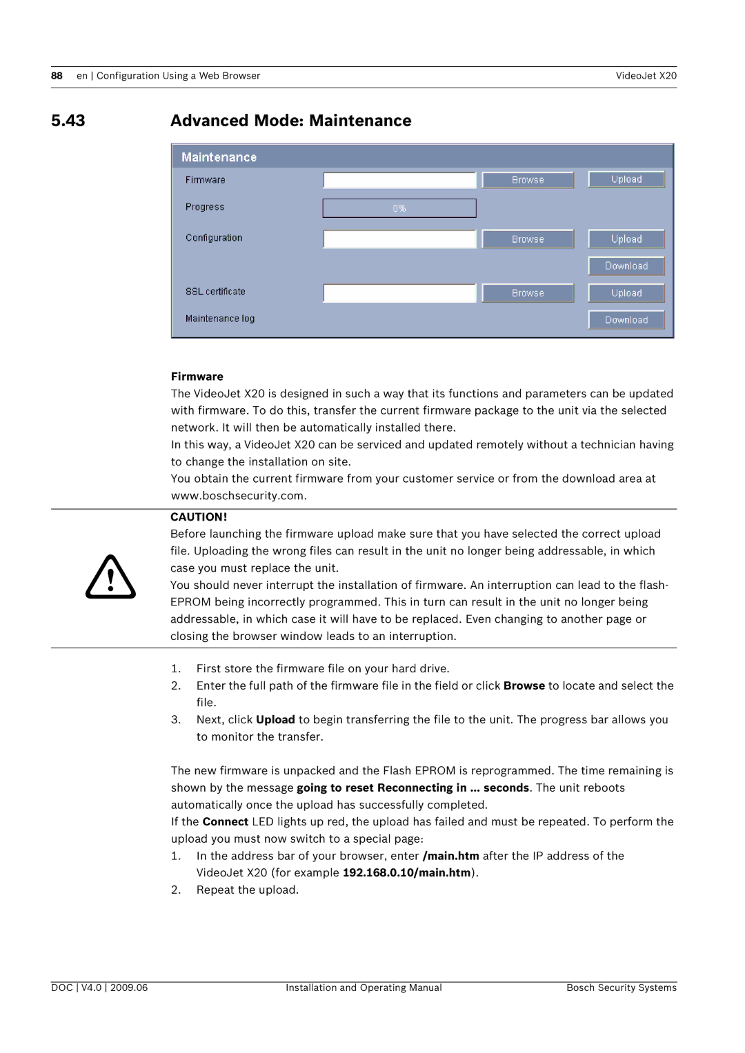 Bosch Appliances X20 manual Advanced Mode Maintenance, Firmware 