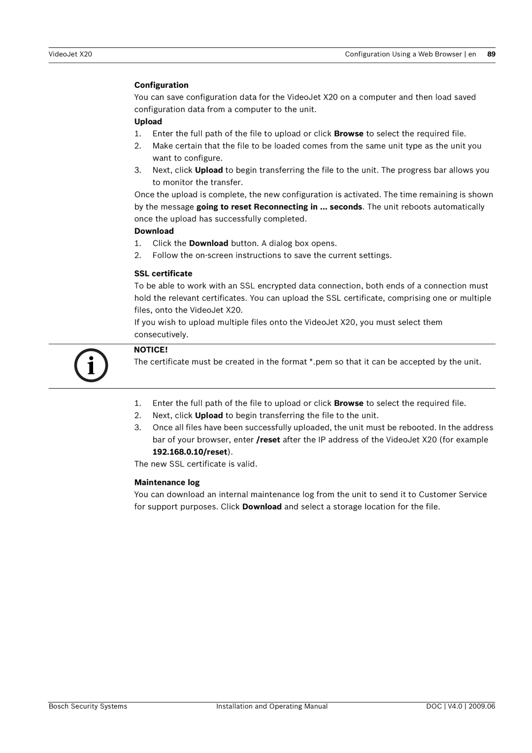 Bosch Appliances X20 manual Configuration, Upload, Download, SSL certificate, 192.168.0.10/reset, Maintenance log 