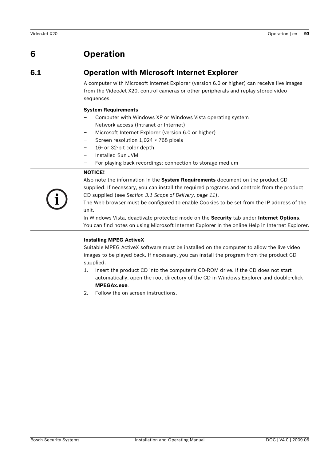 Bosch Appliances X20 manual Operation with Microsoft Internet Explorer 