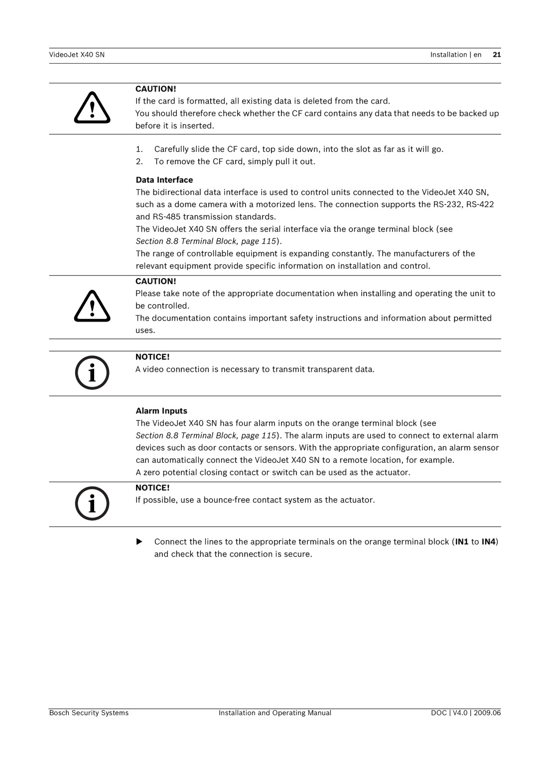 Bosch Appliances X40 SN manual Data Interface, Alarm Inputs, Check that the connection is secure 