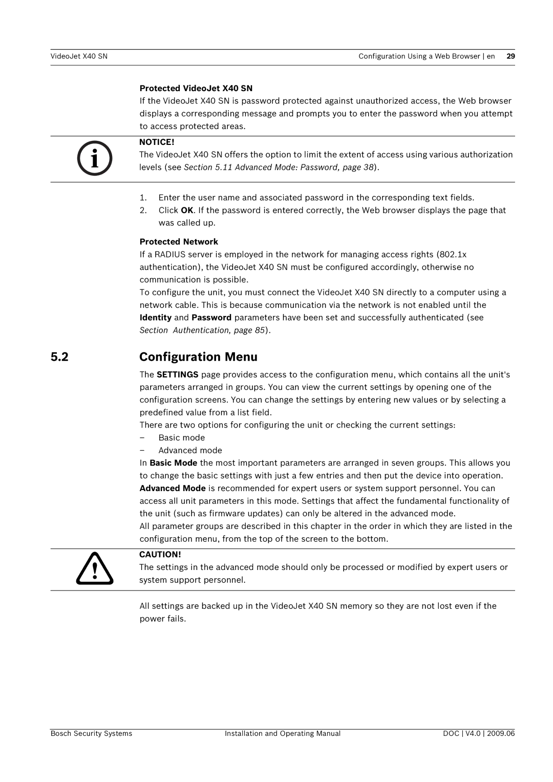 Bosch Appliances manual Configuration Menu, Protected VideoJet X40 SN, Protected Network 