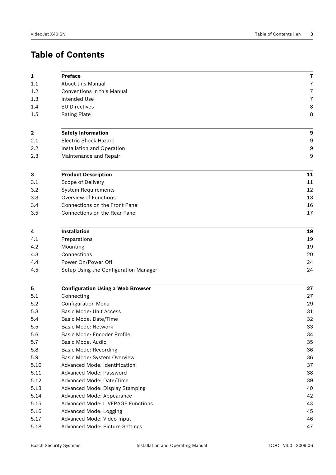 Bosch Appliances X40 SN manual Table of Contents 