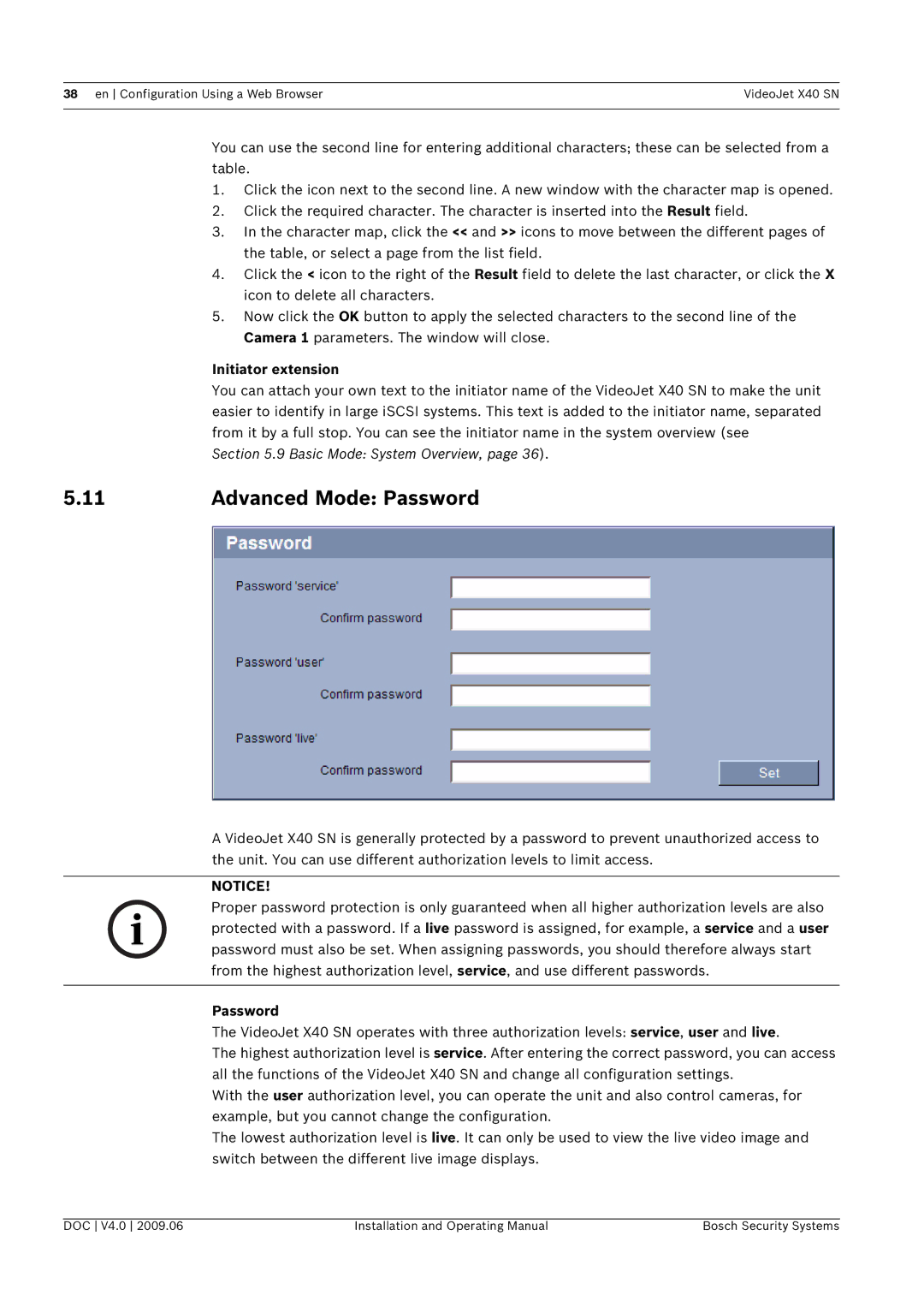 Bosch Appliances X40 SN manual Advanced Mode Password, Initiator extension 