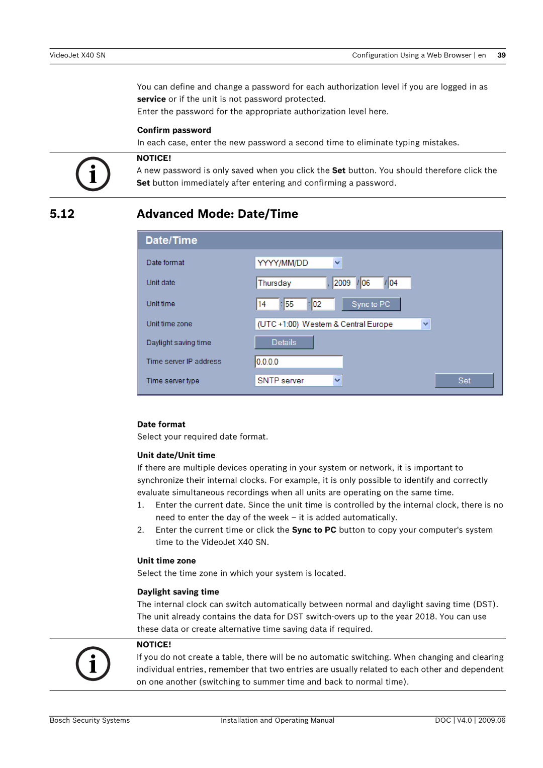 Bosch Appliances X40 SN Advanced Mode Date/Time, Date format, Unit date/Unit time, Unit time zone, Daylight saving time 