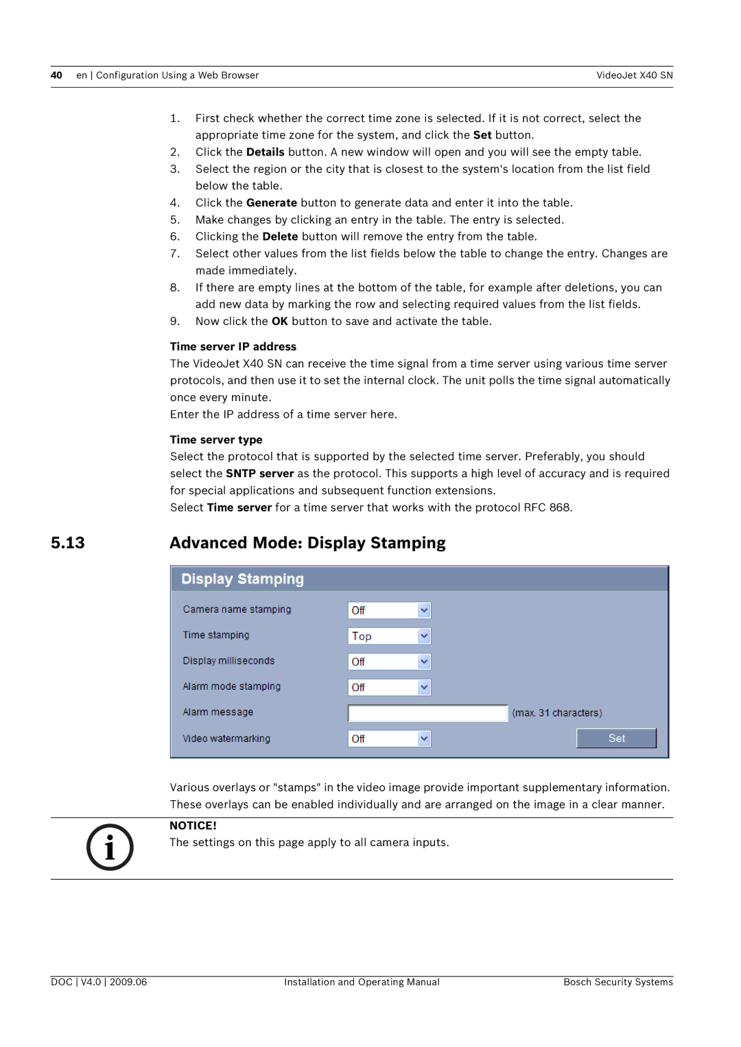 Bosch Appliances X40 SN manual Advanced Mode Display Stamping, Settings on this page apply to all camera inputs 