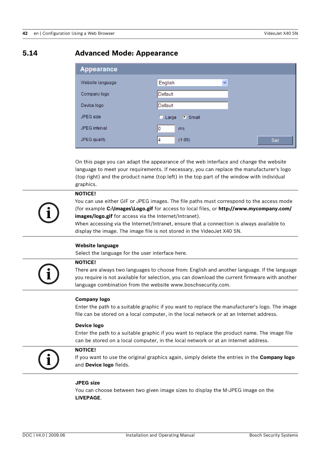 Bosch Appliances X40 SN manual Advanced Mode Appearance, Website language, Company logo, Device logo, Jpeg size 